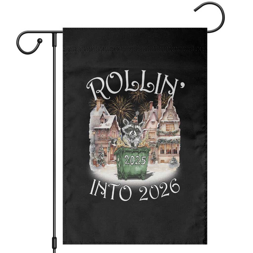 Funny Raccoon Rollin Into 2026 Garden Flag New Year Dumpster Fire Firework TS11 Black Print Your Wear