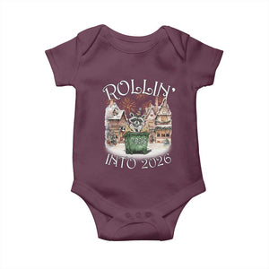 Funny Raccoon Rollin Into 2026 Baby Onesie New Year Dumpster Fire Firework TS11 Maroon Print Your Wear