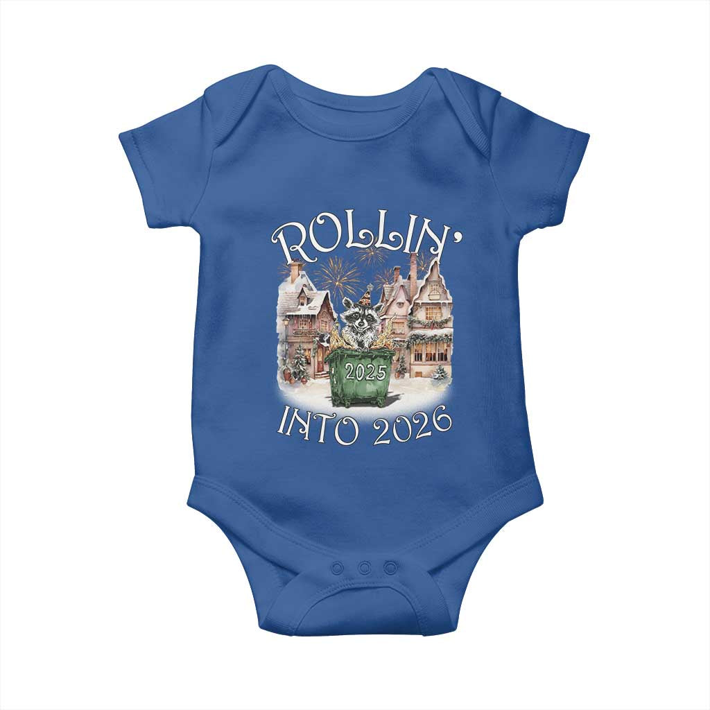Funny Raccoon Rollin Into 2026 Baby Onesie New Year Dumpster Fire Firework TS11 Royal Blue Print Your Wear