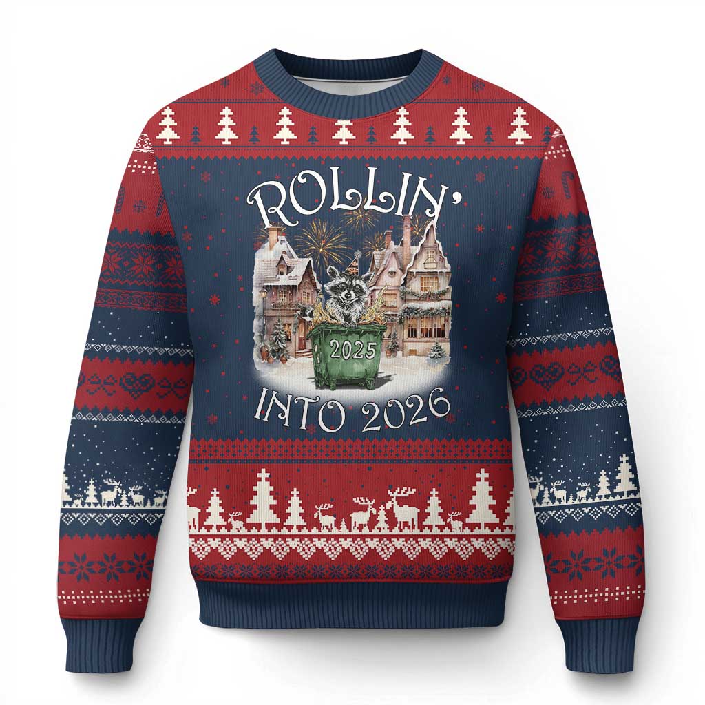 Funny Raccoon Rollin Into 2026 Ugly Christmas Sweater New Year Dumpster Fire Firework TS11 Navy Red Print Your Wear