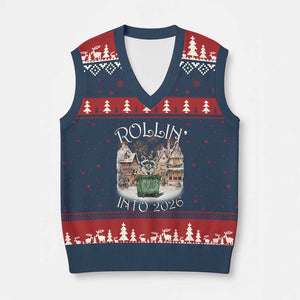 Funny Raccoon Rollin Into 2026 V-Neck Knit Sweater Vest New Year Dumpster Fire Firework TS11 Navy Red Print Your Wear