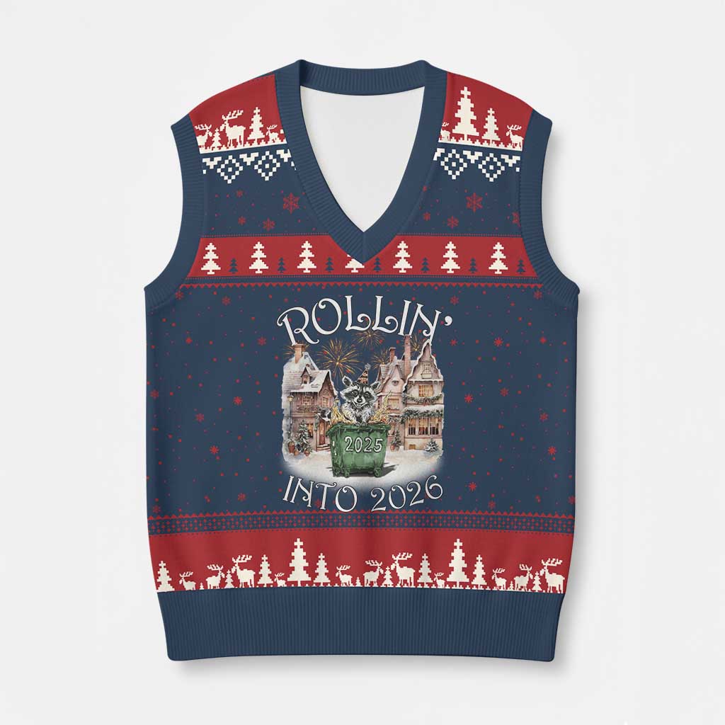 Funny Raccoon Rollin Into 2026 V-Neck Knit Sweater Vest New Year Dumpster Fire Firework TS11 Navy Red Print Your Wear