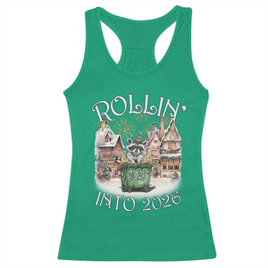 Funny Raccoon Rollin Into 2026 Racerback Tank Top New Year Dumpster Fire Firework TS11 Irish Green Print Your Wear