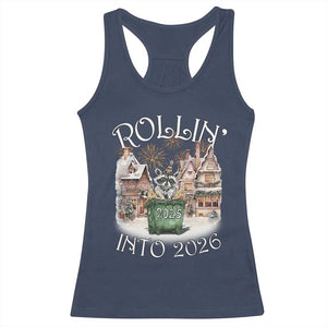 Funny Raccoon Rollin Into 2026 Racerback Tank Top New Year Dumpster Fire Firework TS11 Navy Print Your Wear