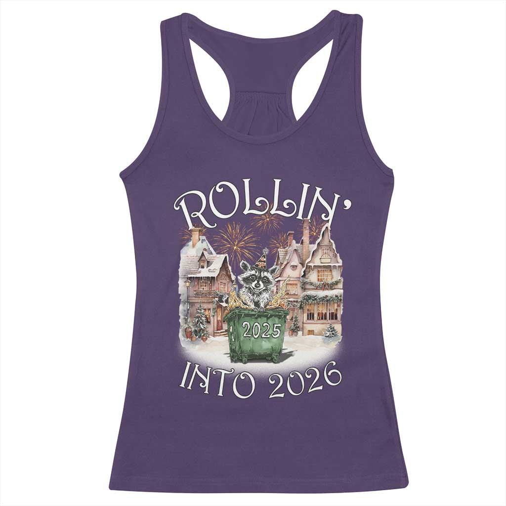 Funny Raccoon Rollin Into 2026 Racerback Tank Top New Year Dumpster Fire Firework TS11 Purple Print Your Wear