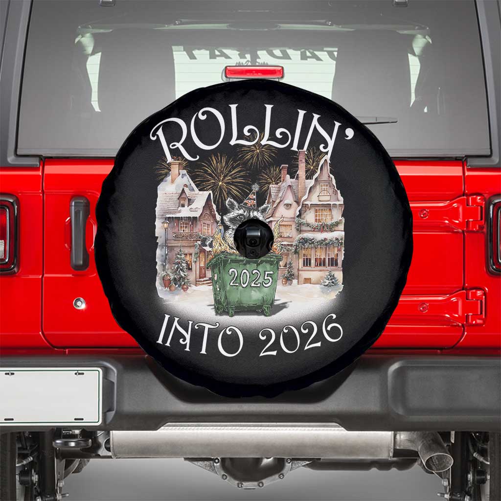 Funny Raccoon Rollin Into 2026 Spare Tire Cover New Year Dumpster Fire Firework TS11 Black Print Your Wear