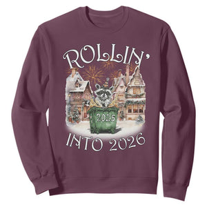 Funny Raccoon Rollin Into 2026 Sweatshirt New Year Dumpster Fire Firework TS11 Maroon Print Your Wear
