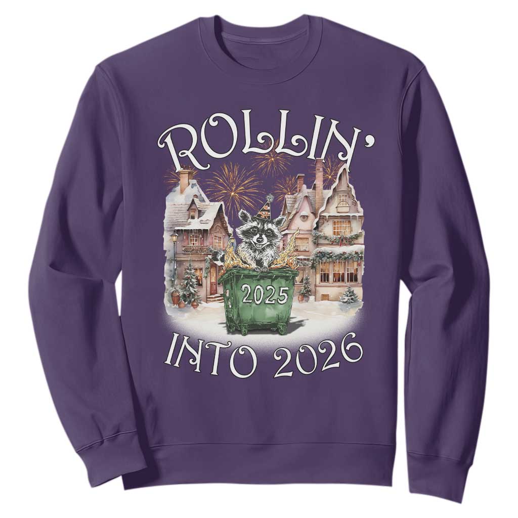 Funny Raccoon Rollin Into 2026 Sweatshirt New Year Dumpster Fire Firework TS11 Purple Print Your Wear