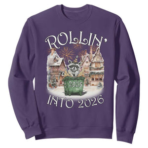 Funny Raccoon Rollin Into 2026 Sweatshirt New Year Dumpster Fire Firework TS11 Purple Print Your Wear