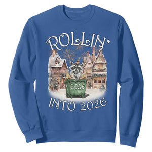 Funny Raccoon Rollin Into 2026 Sweatshirt New Year Dumpster Fire Firework TS11 Royal Blue Print Your Wear
