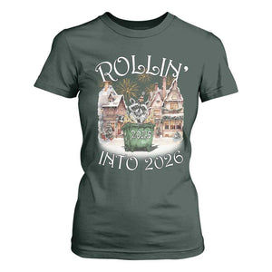 Funny Raccoon Rollin Into 2026 T Shirt For Women New Year Dumpster Fire Firework TS11 Dark Forest Green Print Your Wear