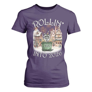 Funny Raccoon Rollin Into 2026 T Shirt For Women New Year Dumpster Fire Firework TS11 Purple Print Your Wear