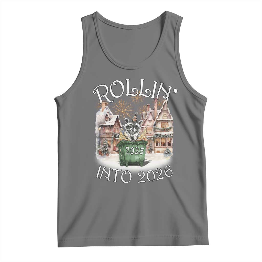 Funny Raccoon Rollin Into 2026 Tank Top New Year Dumpster Fire Firework TS11 Black Heather Print Your Wear