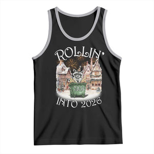 Funny Raccoon Rollin Into 2026 Tank Top New Year Dumpster Fire Firework TS11 Black Athletic Heather Print Your Wear
