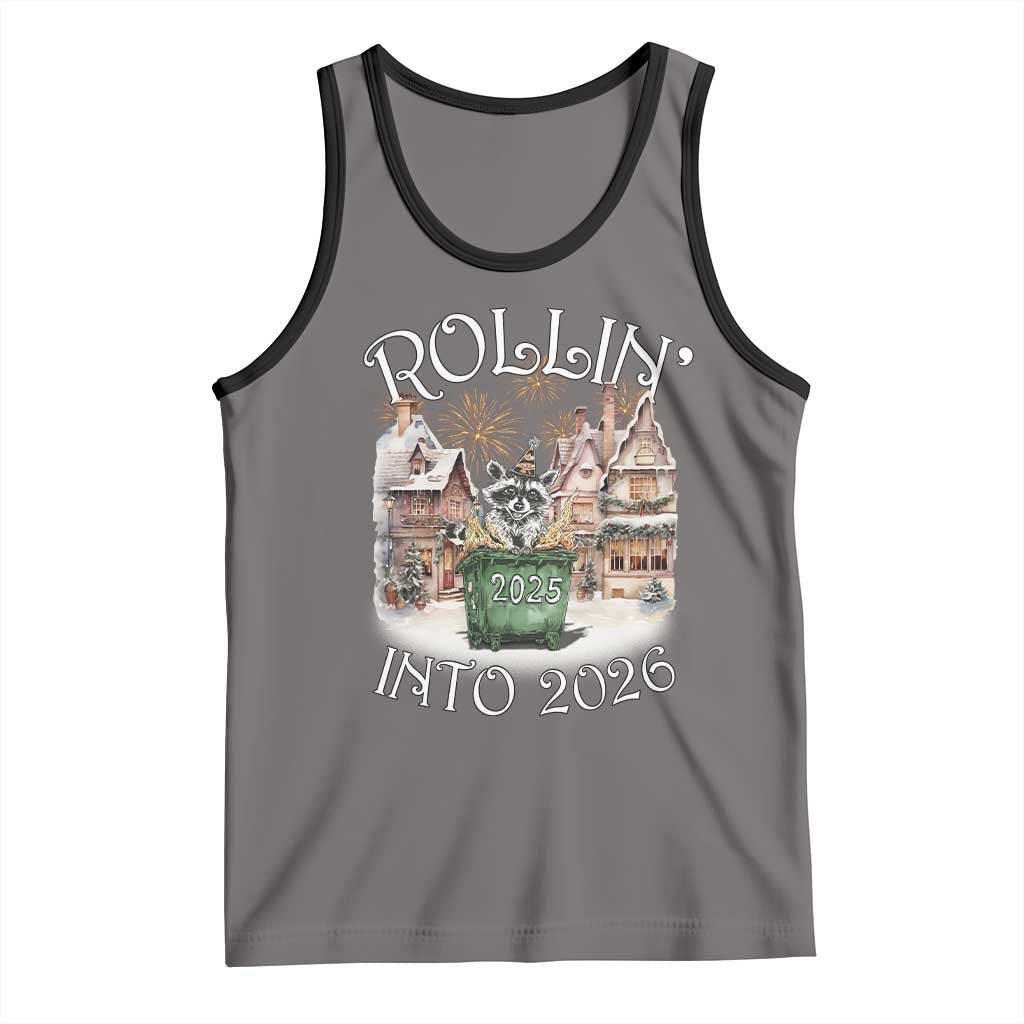 Funny Raccoon Rollin Into 2026 Tank Top New Year Dumpster Fire Firework TS11 Deep Heather Black Print Your Wear