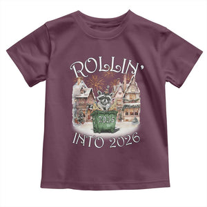 Funny Raccoon Rollin Into 2026 Toddler T Shirt New Year Dumpster Fire Firework TS11 Maroon Print Your Wear