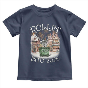 Funny Raccoon Rollin Into 2026 Toddler T Shirt New Year Dumpster Fire Firework TS11 Navy Print Your Wear