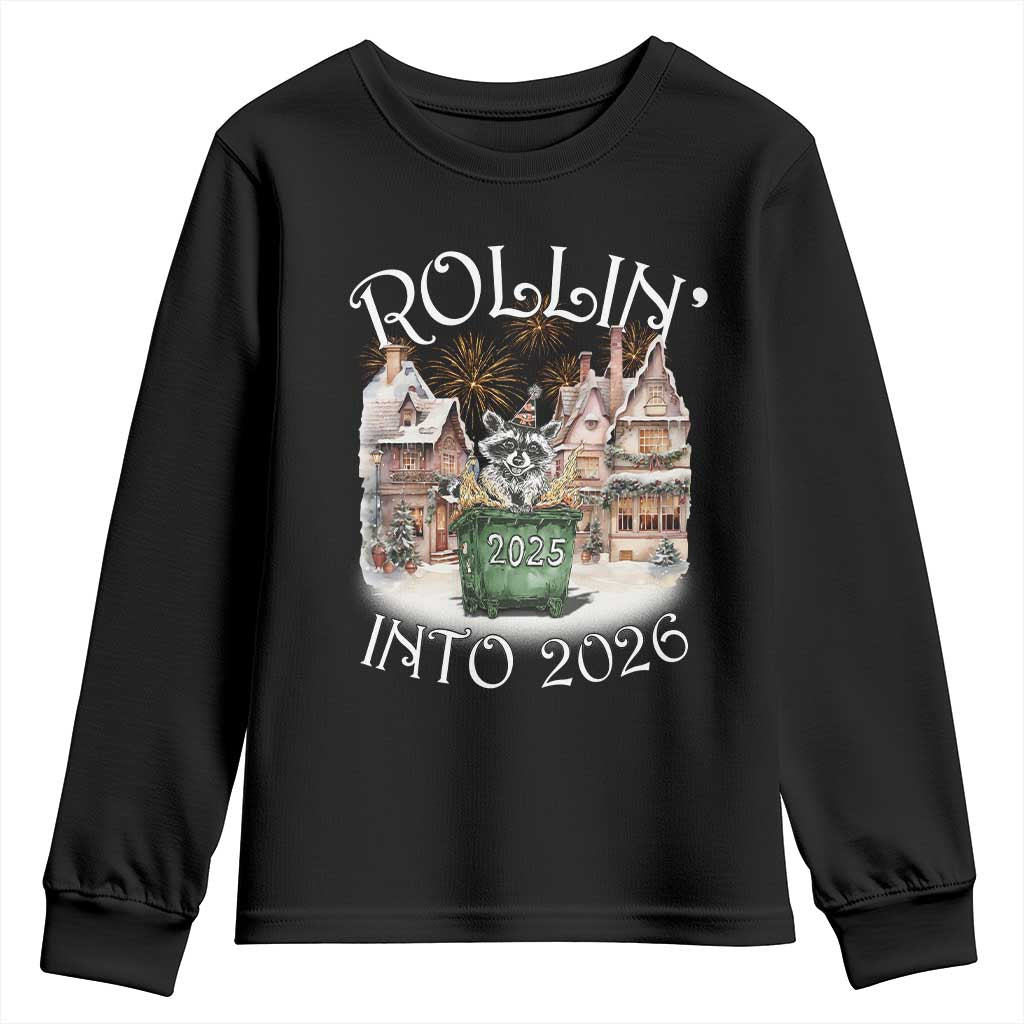 Funny Raccoon Rollin Into 2026 Youth Sweatshirt New Year Dumpster Fire Firework TS11 Black Print Your Wear