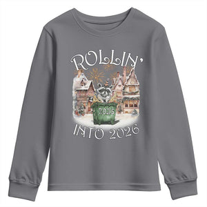 Funny Raccoon Rollin Into 2026 Youth Sweatshirt New Year Dumpster Fire Firework TS11 Charcoal Print Your Wear