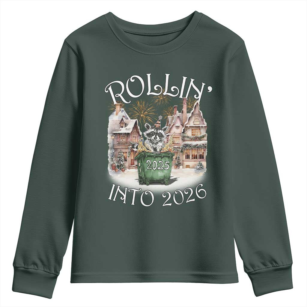 Funny Raccoon Rollin Into 2026 Youth Sweatshirt New Year Dumpster Fire Firework TS11 Dark Forest Green Print Your Wear