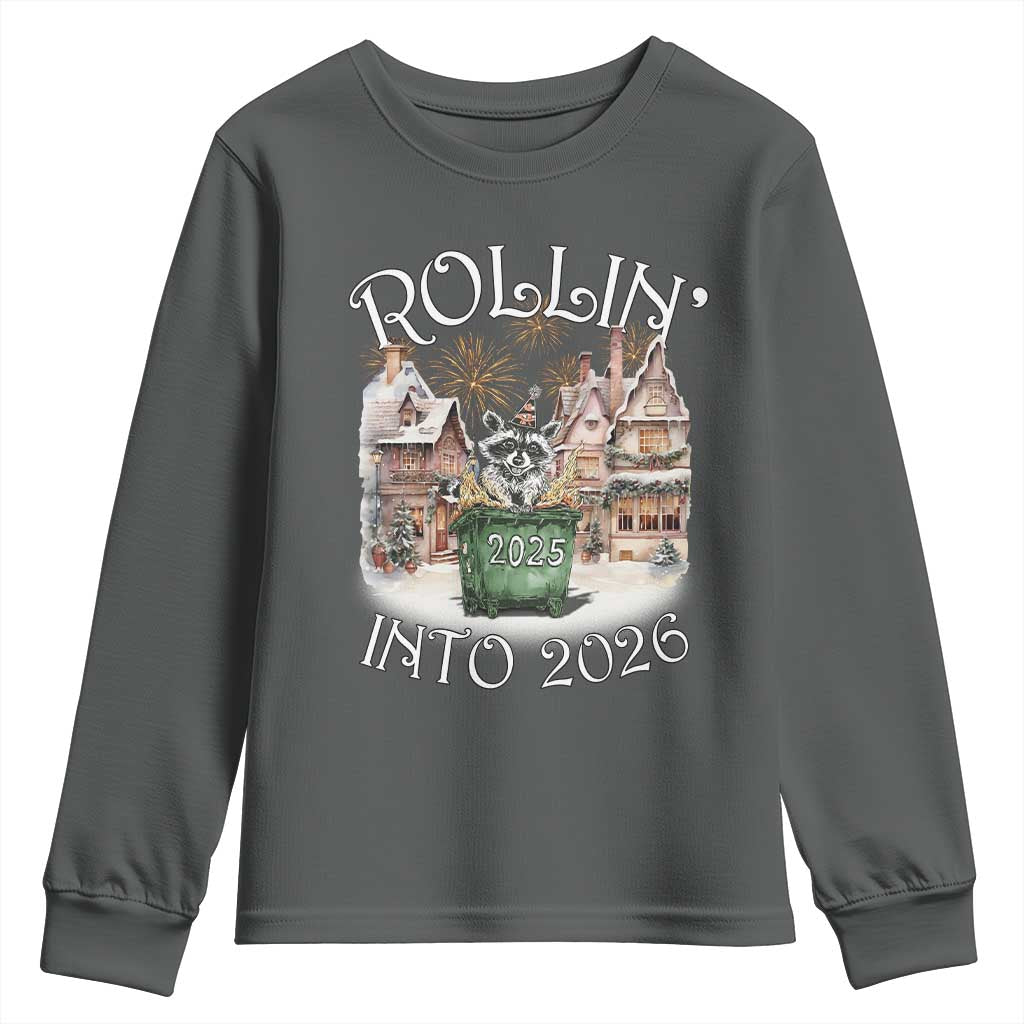 Funny Raccoon Rollin Into 2026 Youth Sweatshirt New Year Dumpster Fire Firework TS11 Dark Heather Print Your Wear