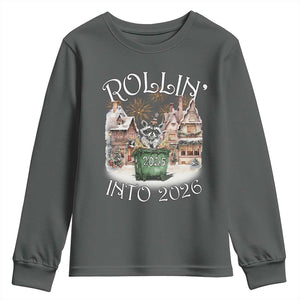 Funny Raccoon Rollin Into 2026 Youth Sweatshirt New Year Dumpster Fire Firework TS11 Dark Heather Print Your Wear