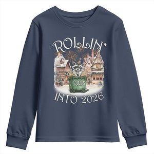 Funny Raccoon Rollin Into 2026 Youth Sweatshirt New Year Dumpster Fire Firework TS11 Navy Print Your Wear