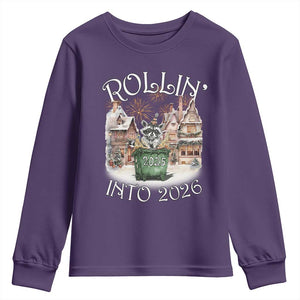 Funny Raccoon Rollin Into 2026 Youth Sweatshirt New Year Dumpster Fire Firework TS11 Purple Print Your Wear