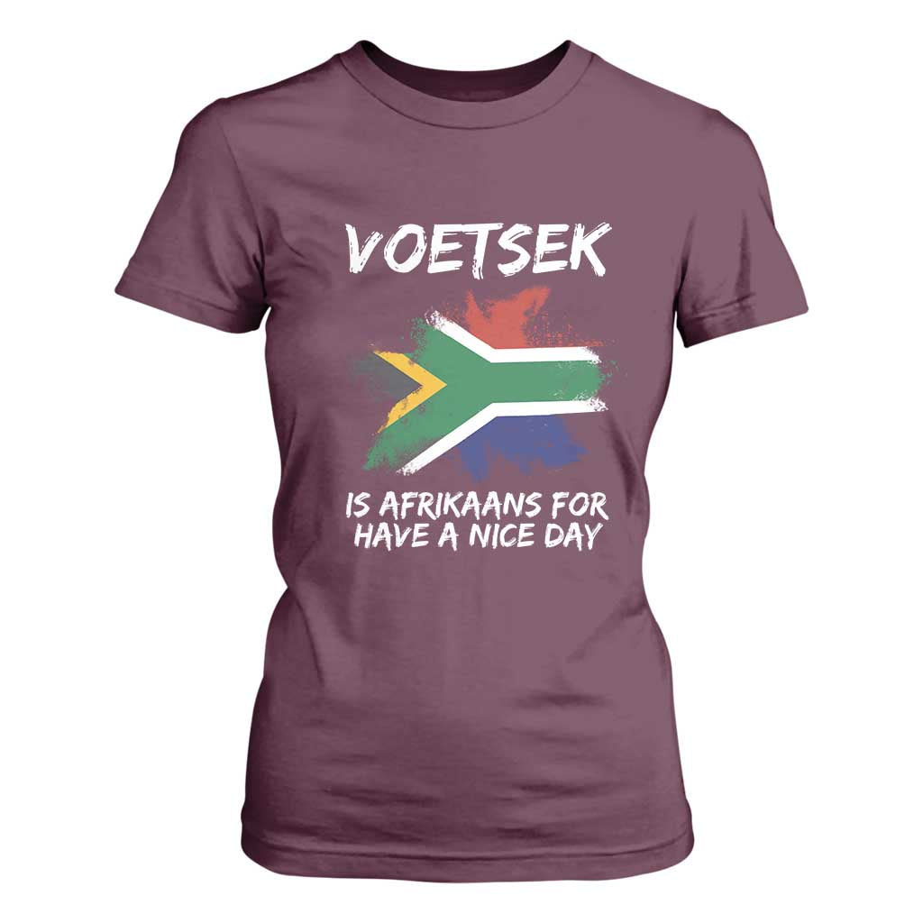 Funny Voetsek Is Afrikaans For Have A Nice Day T Shirt For Women Vintage Saffa Flag TS11 Maroon Print Your Wear