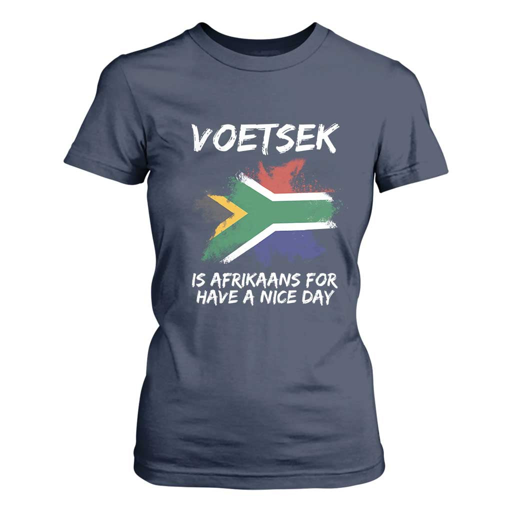 Funny Voetsek Is Afrikaans For Have A Nice Day T Shirt For Women Vintage Saffa Flag TS11 Navy Print Your Wear