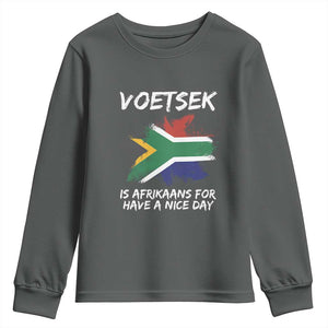 Funny Voetsek Is Afrikaans For Have A Nice Day Youth Sweatshirt Vintage Saffa Flag TS11 Dark Heather Print Your Wear