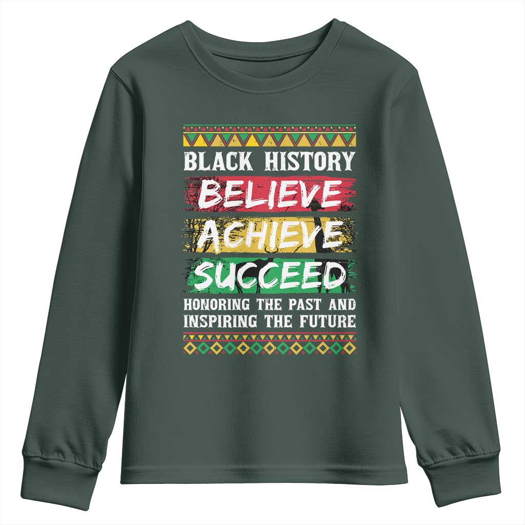 Black History Believe Achieve Succeed Youth Sweatshirt African American History TS11 Dark Forest Green Print Your Wear