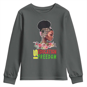 Education Is Freedom Youth Sweatshirt Black History Month Teacher Melanin Black Girl TS11 Dark Heather Print Your Wear