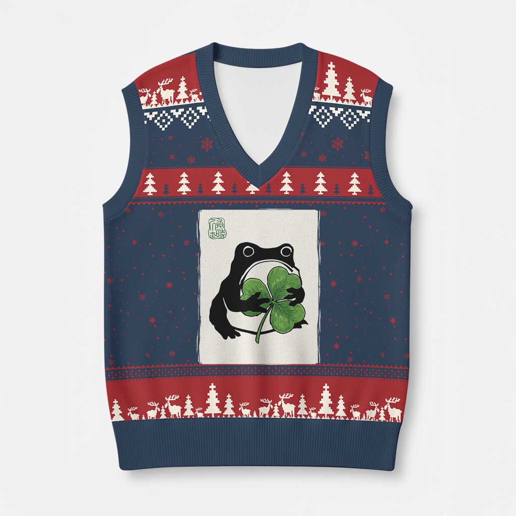 Funny Grumpy Frog Japanese St Patricks Day V-Neck Knit Sweater Vest TS11 Navy Red Print Your Wear