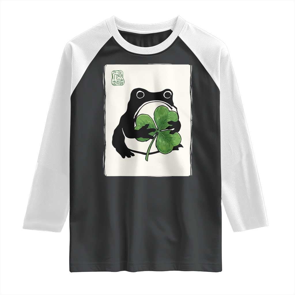 Funny Grumpy Frog Japanese St Patricks Day Raglan Shirt TS11 Black White Print Your Wear