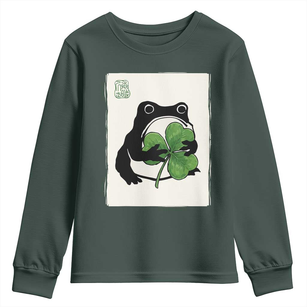 Funny Grumpy Frog Japanese St Patricks Day Youth Sweatshirt TS11 Dark Forest Green Print Your Wear