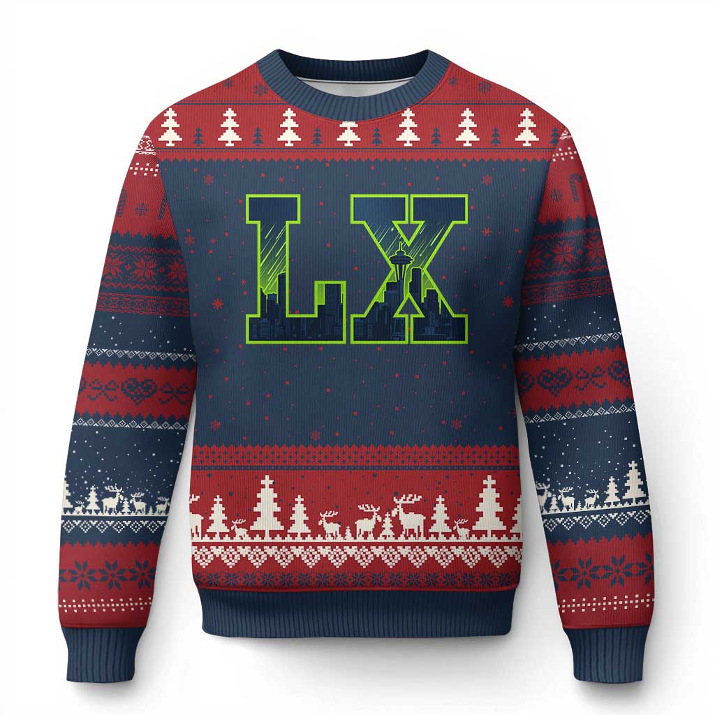 Seattle LX Game Day Washington Space Needle Skyline Ugly Christmas Sweater TS11 Navy Red Print Your Wear