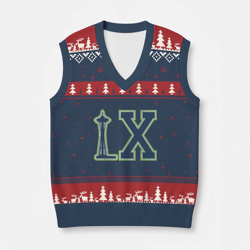 Seattle LX Game Day Washington Space Needle Sport Fan V-Neck Knit Sweater Vest TS11 Navy Red Print Your Wear