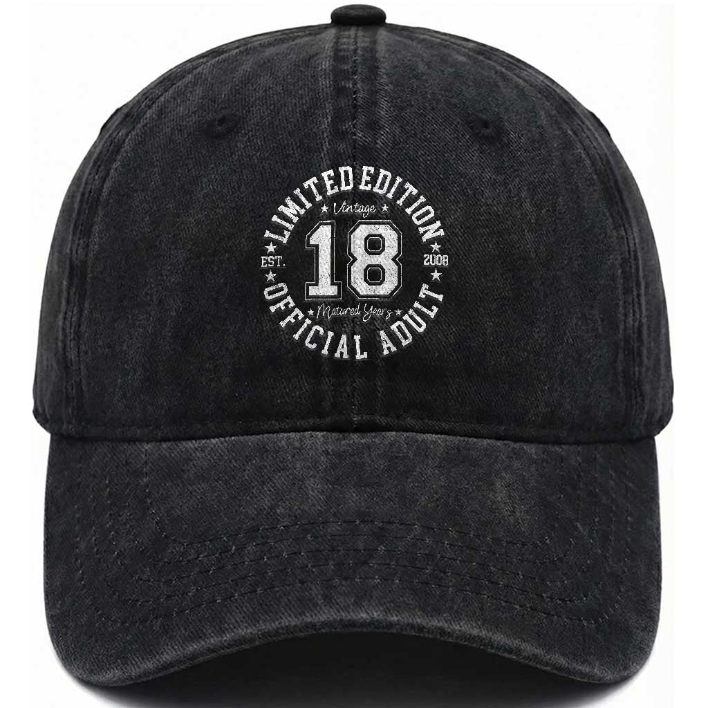 Funny 18th Birthday Washed Cotton Baseball Cap Est 2008 Limited Edition Official Adult
