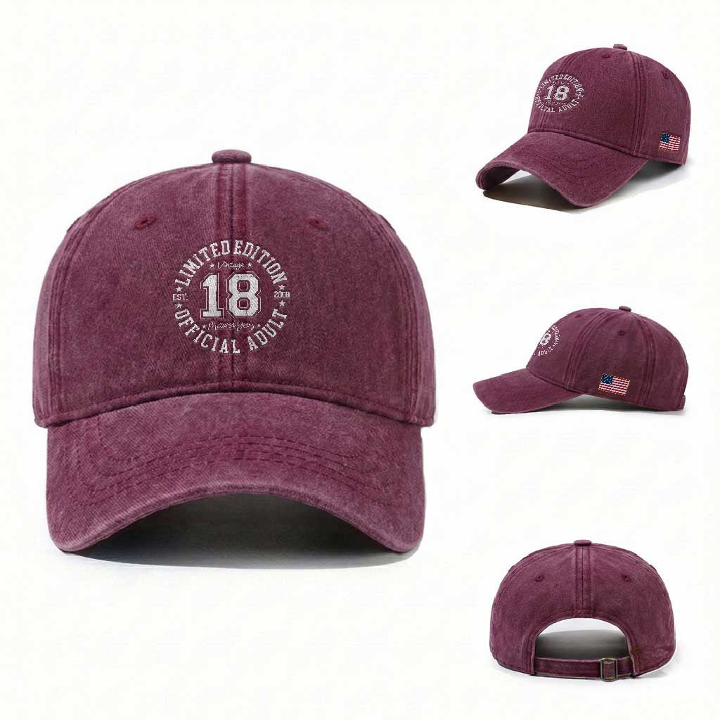 Funny 18th Birthday Washed Cotton Baseball Cap Est 2008 Limited Edition Official Adult