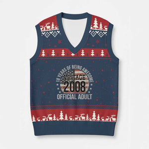 Funny 18th Birthday V-Neck Knit Sweater Vest 18 Years Of Being Awesome Vintage 2008 Official Adult American Flag TS11 Navy Red Print Your Wear