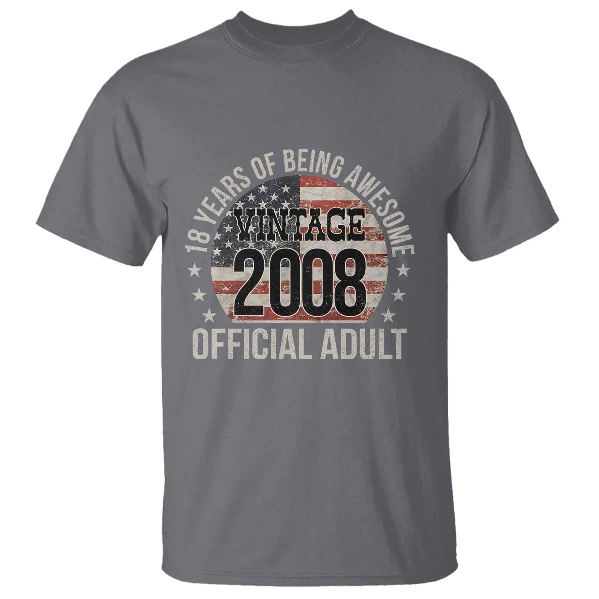 Funny 18th Birthday T Shirt - 18 Years Of Being Awesome Vintage 2008 Official Adult American Flag TS11 Charcoal Print Your Wear