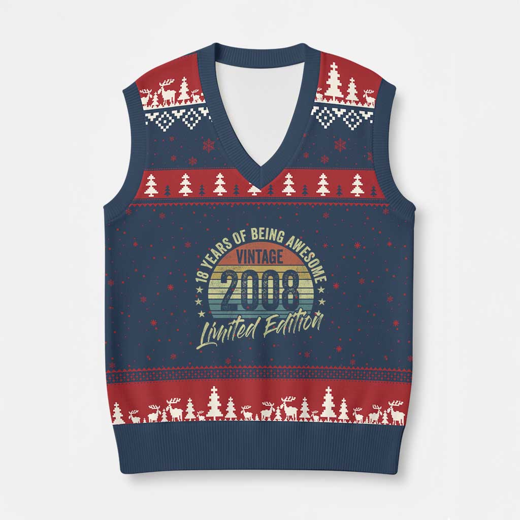 Funny 18th Birthday V-Neck Knit Sweater Vest 18 Years Old Gifts Vintage 2008 Limited Edition TS11 Navy Red Print Your Wear