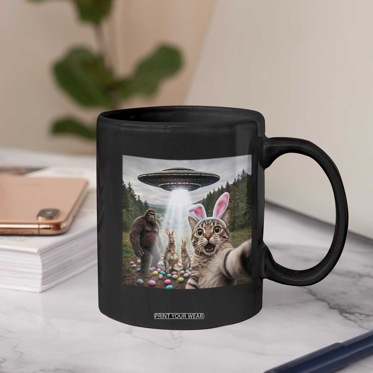 Funny Cat Selfie with Easter Bunny Bigfoot UFO Coffee Mug TS11 Print Your Wear