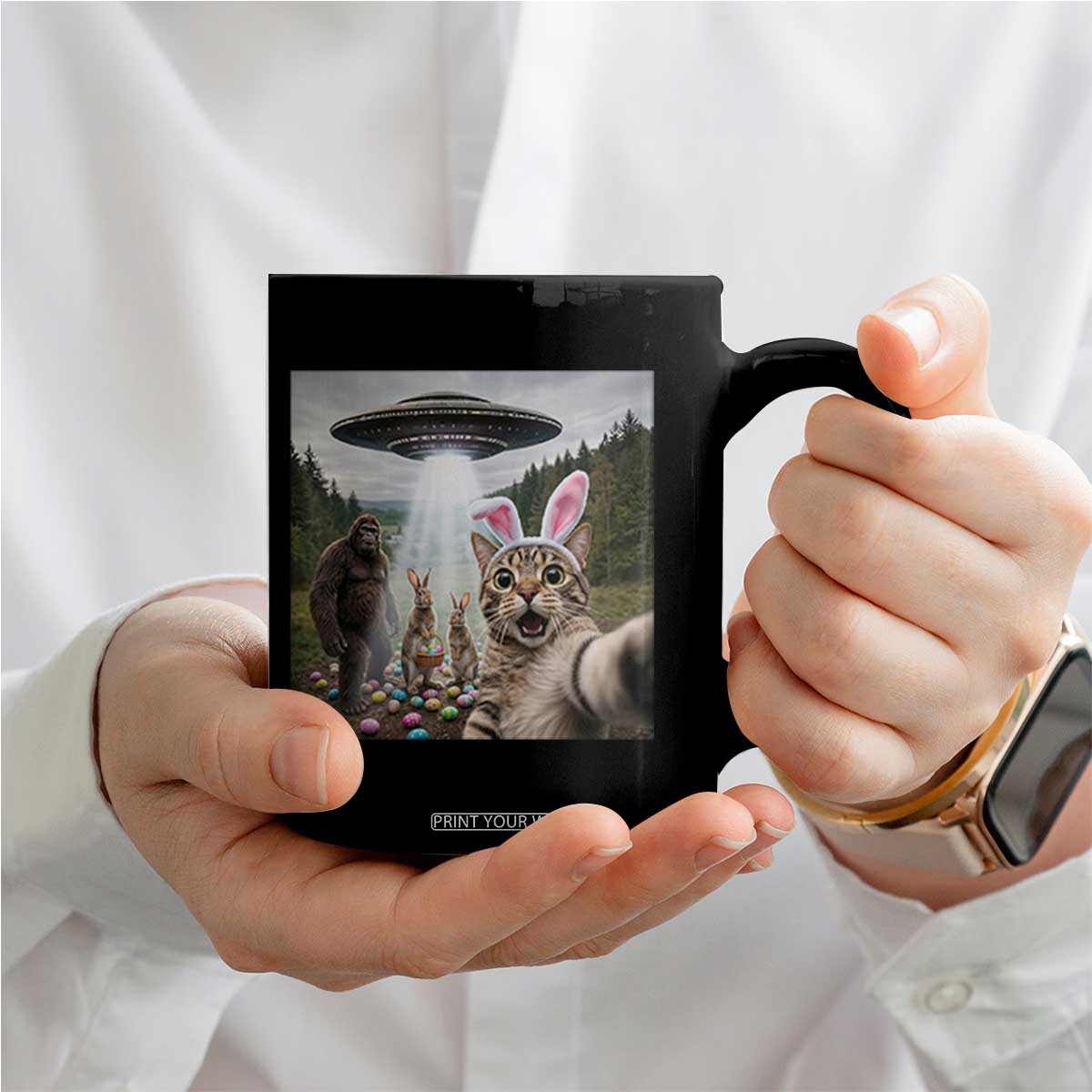 Funny Cat Selfie with Easter Bunny Bigfoot UFO Coffee Mug TS11 Print Your Wear