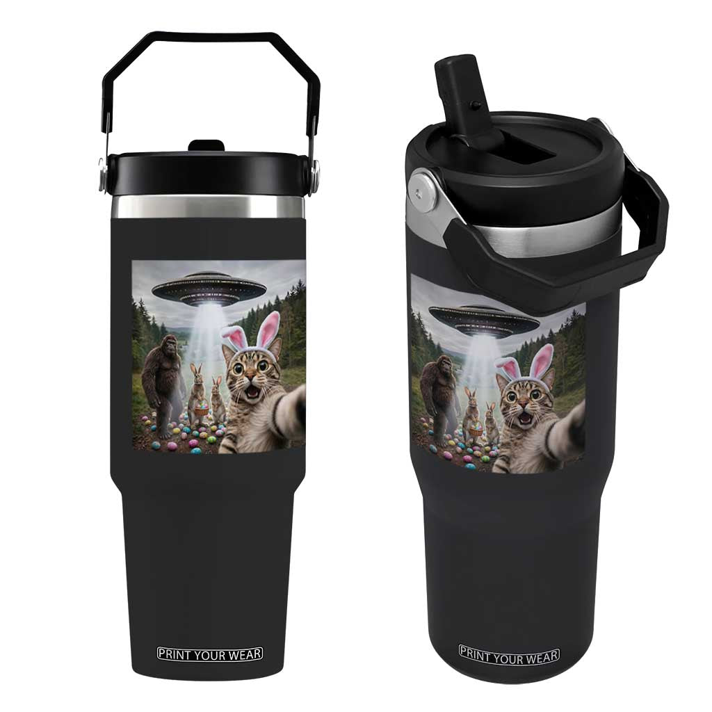 Funny Cat Selfie with Easter Bunny Bigfoot UFO Flip Straw Tumbler TS11 One Size: 30 oz Black Print Your Wear