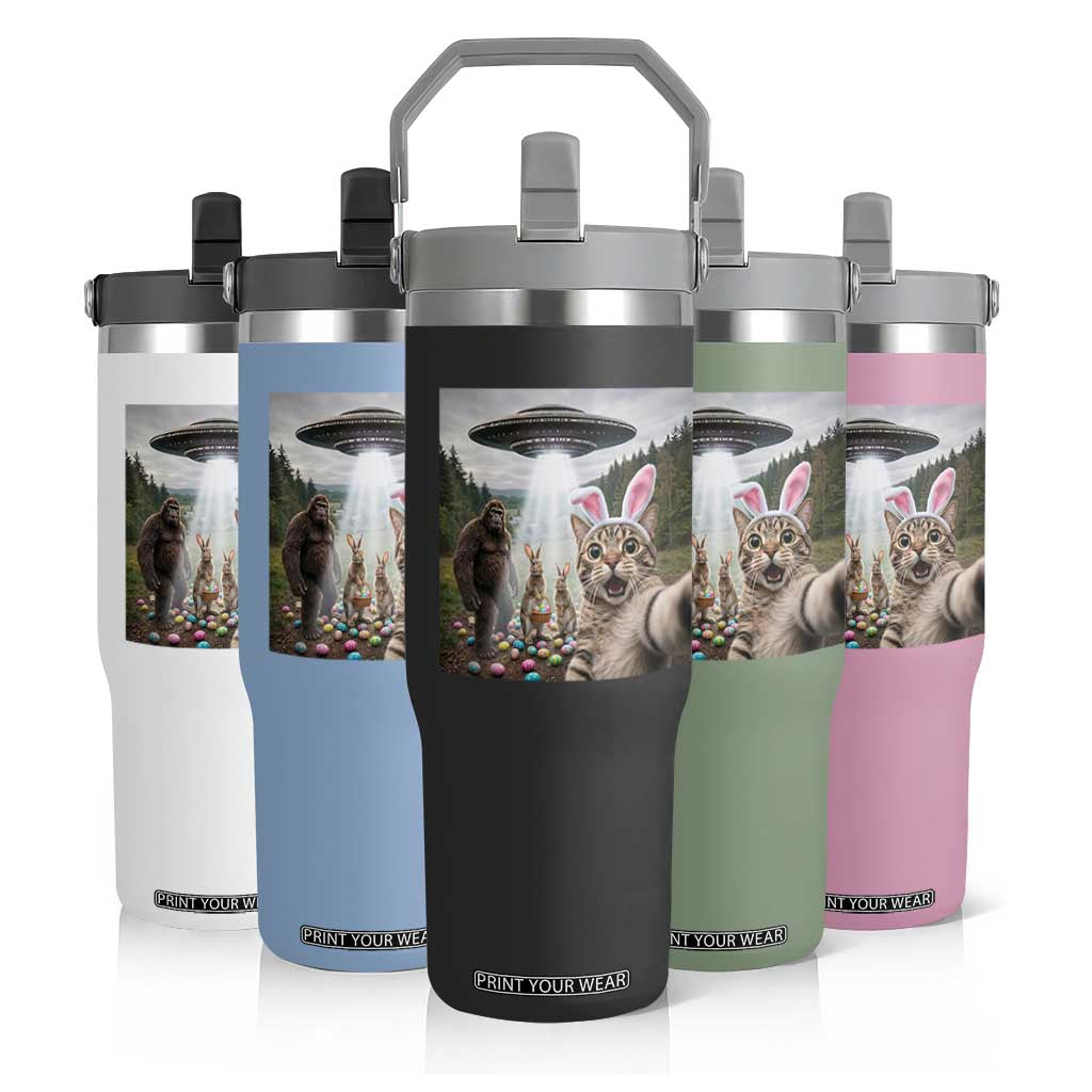Funny Cat Selfie with Easter Bunny Bigfoot UFO Flip Straw Tumbler TS11 Print Your Wear