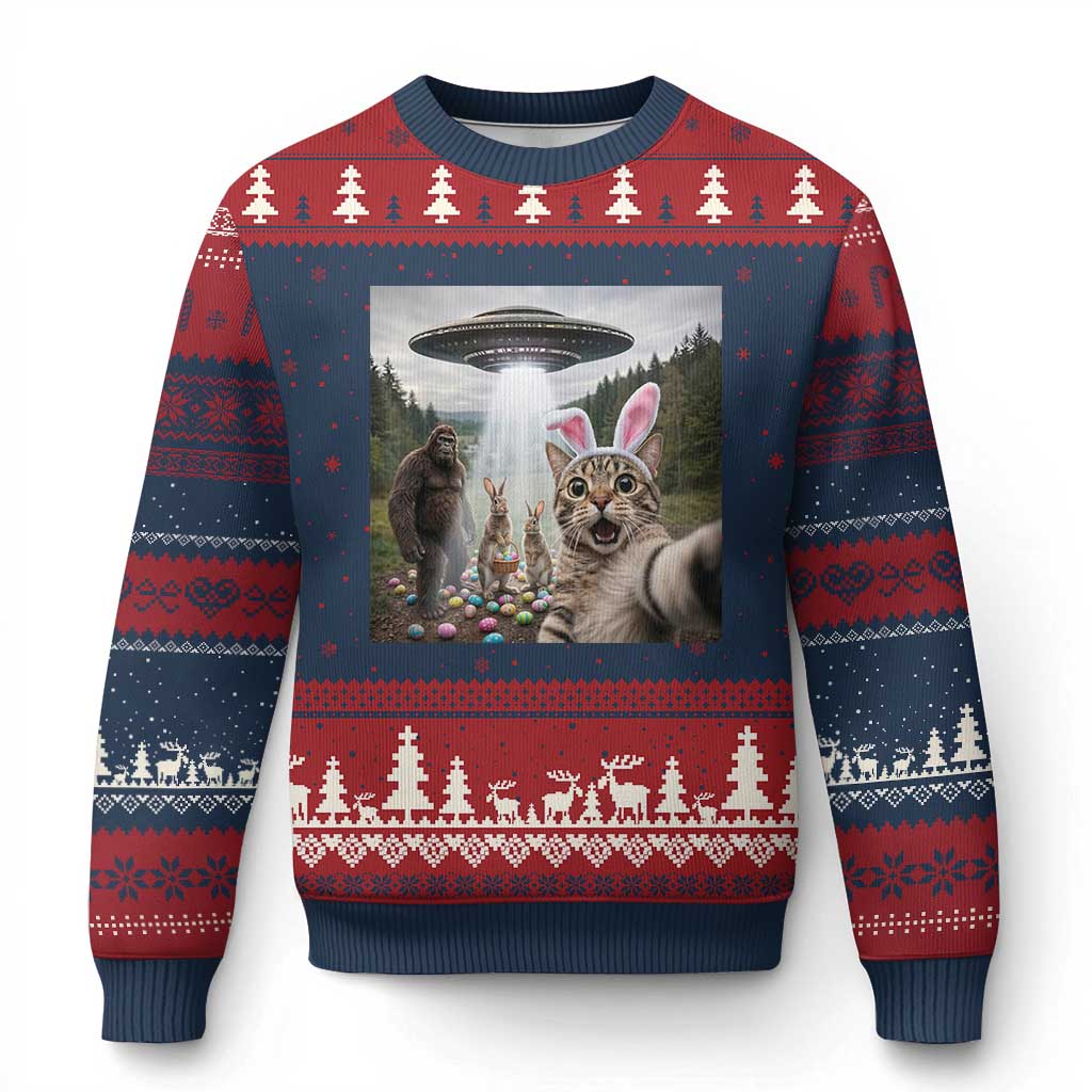 Funny Cat Selfie with Easter Bunny Bigfoot UFO Ugly Christmas Sweater TS11 Navy Red Print Your Wear