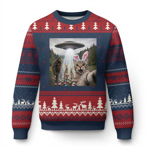 Funny Cat Selfie with Easter Bunny Bigfoot UFO Ugly Christmas Sweater TS11 Navy Red Print Your Wear