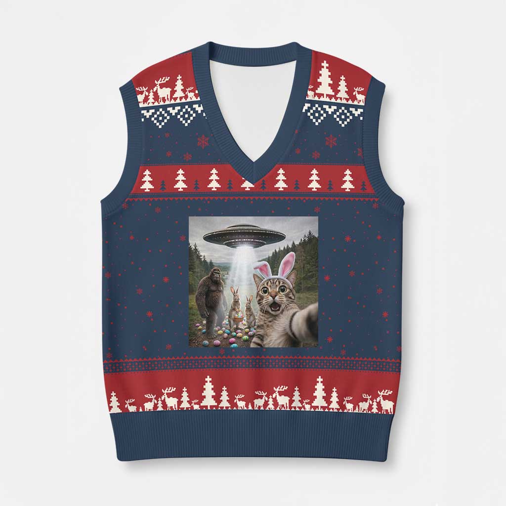 Funny Cat Selfie with Easter Bunny Bigfoot UFO V-Neck Knit Sweater Vest TS11 Navy Red Print Your Wear